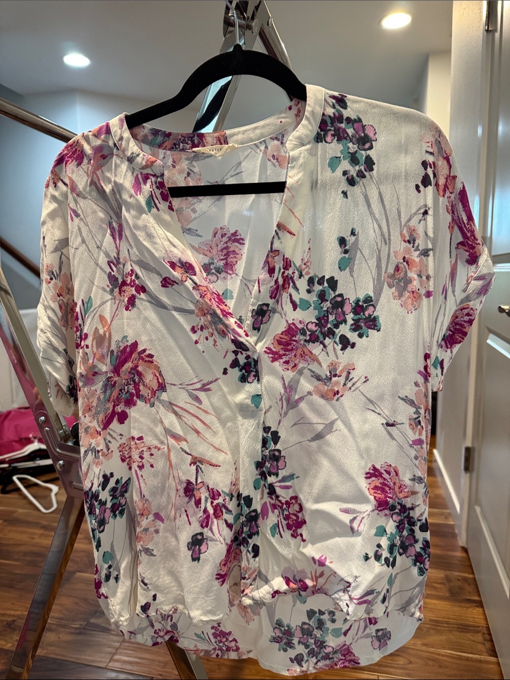 lovestitch White Floral Button-Front Blouse with Pink & Teal Accents